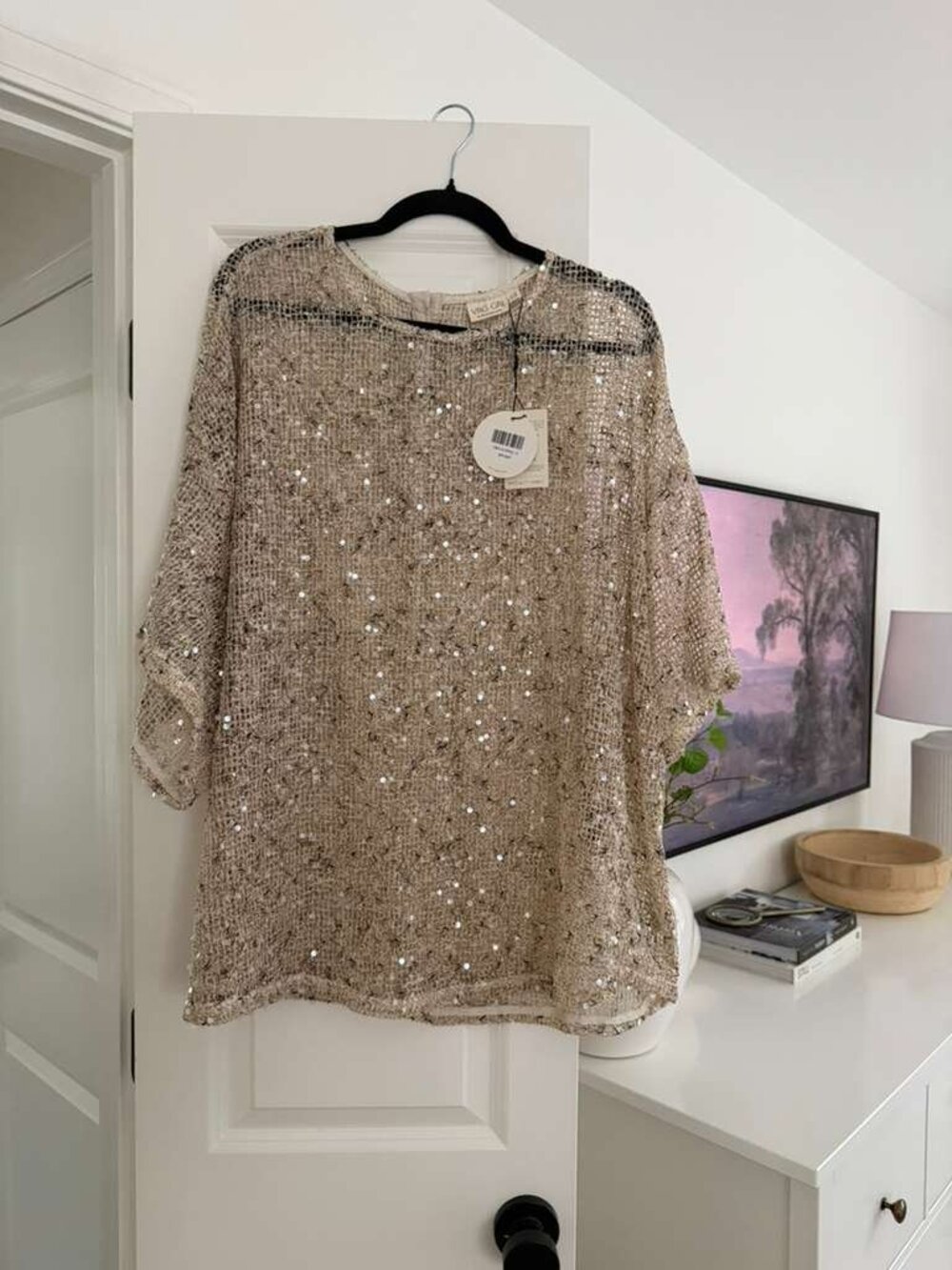 NWT VRG GRL Sequin Mesh Top Women 12 Beige Sheer Oversized Short Sleeve Party - Picture 2 of 3